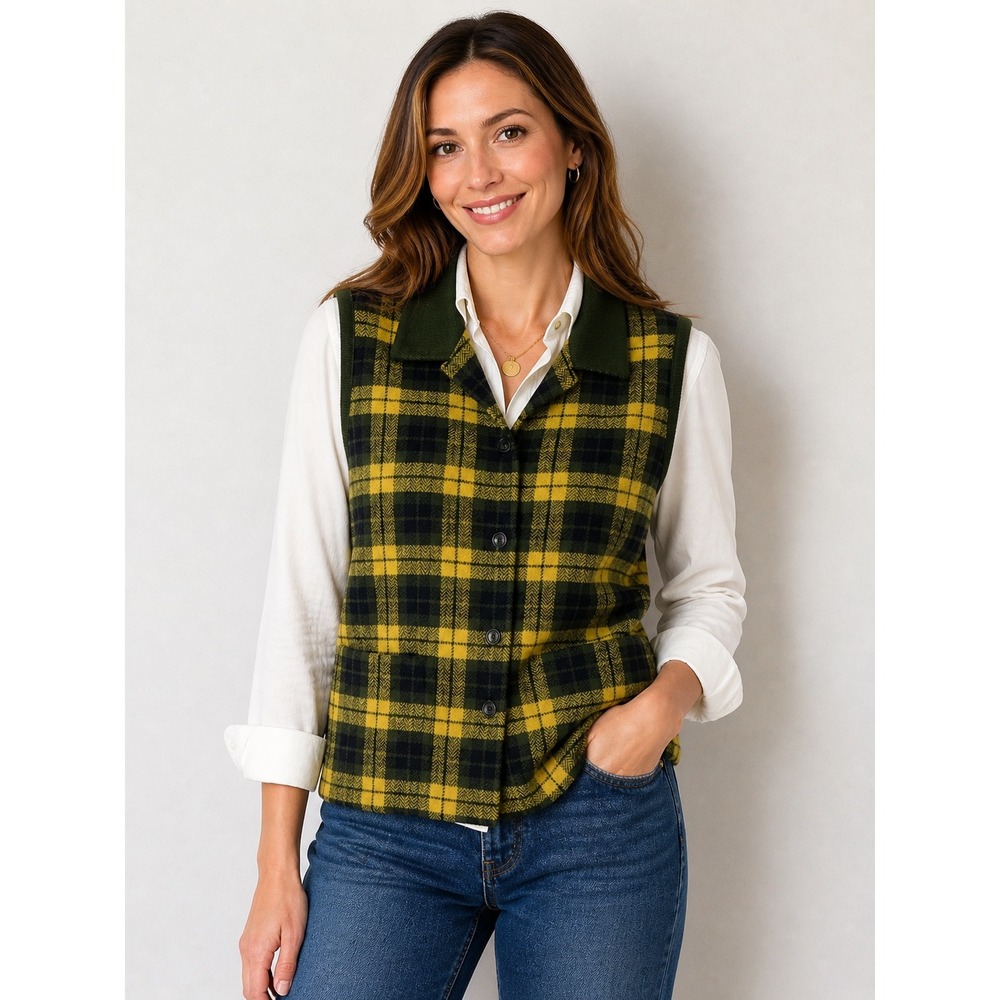 OLSEN Collection Women's Wool Vest Size 10 Yellow Green Plaid Sleeveless‎ Soft